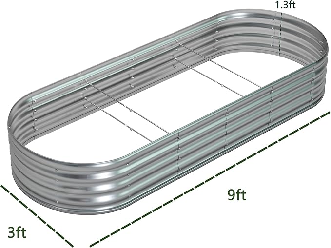 zizin Galvanized Raised Garden Bed Metal Oval Raised Garden Beds Outdoor Planter Box for Vegetables (9x3x1.3FT, Silver)