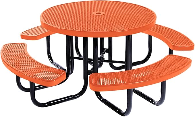 Heavy-Duty Portable Outdoor Picnic Table with Umbrella Hole, Punched Steel Commercial-Grade Patio Dining Furniture Made in America (46" Round Top, Orange)