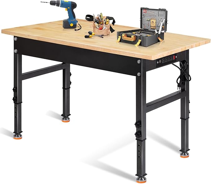 48" Adjustable Work Bench, Rubber Wood Top Workbench Heavy-Duty Work Table with Power Outlet, 2000 LBS Load Capacity Hardwood Work Benches for Garage, Workshop, Home, Office, Easy Assembly