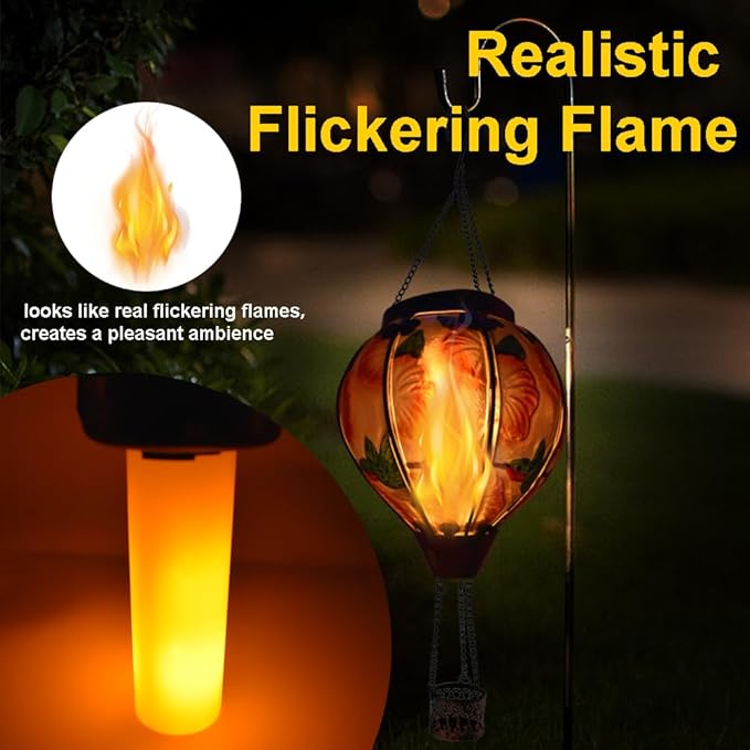 Hot Air Balloon Solar Lantern with Flickering Flame Hanging Solar Lanterns Outdoor Lights Waterproof Lanterns Decorative Garden Patio Yard Party Decor Hummingbirds&Red Flowers
