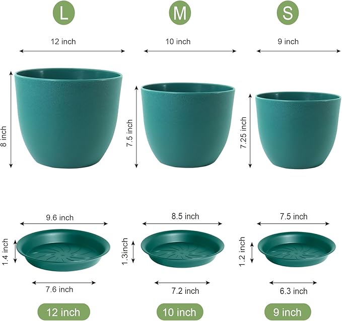 12/10/9 Large Modern Plant Pots, Plastic Planters with Drainage Holes and Saucers for Indoor Outdoor Plants Flowers, Malachite Green