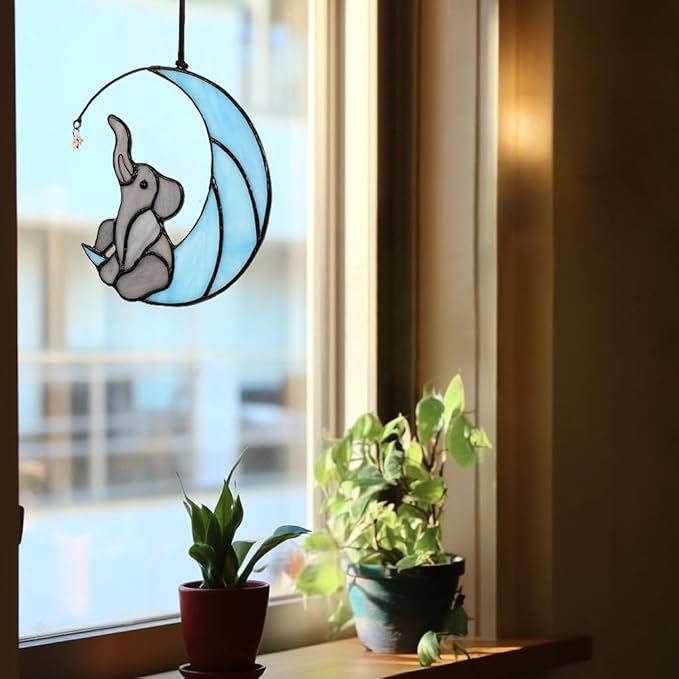 HDCRYSTALGIFTS Glass Elephant Ornament Stained Glass Window Hanging Decor, Modern Design Elephant on Moon with Star Collectibles Handcrafted Sun Catcher Gifts for Birthday Women
