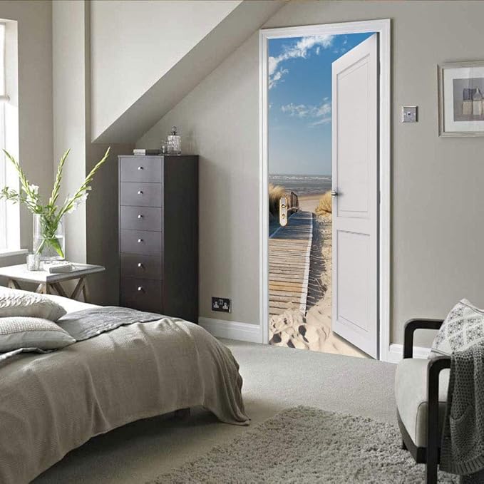 3D Door Wallpaper Self-Adhesive Door Poster - Beach Street - Door Film Photo Wallpaper Premium PVC Waterproof Door Sticker Wall Sticker for Bedroom Living Room Door Decoration Stickers 95 x 200 cm