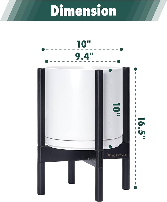 D'vine Dev Ceramic Planter with Ebony Stand - 10 Inch Modern Round Flower Pot with Wood Planter Holder, White, 55-B-L-1