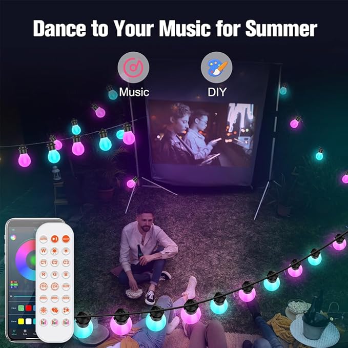 Smart Outdoor String Lights 20FT 20PCS G50 Led Bulb Outdoor APP& Remote Control Dimmable Music synic Timer speedness for Vacation Daily Camping Garden Yard Party Wedding Home Decoration