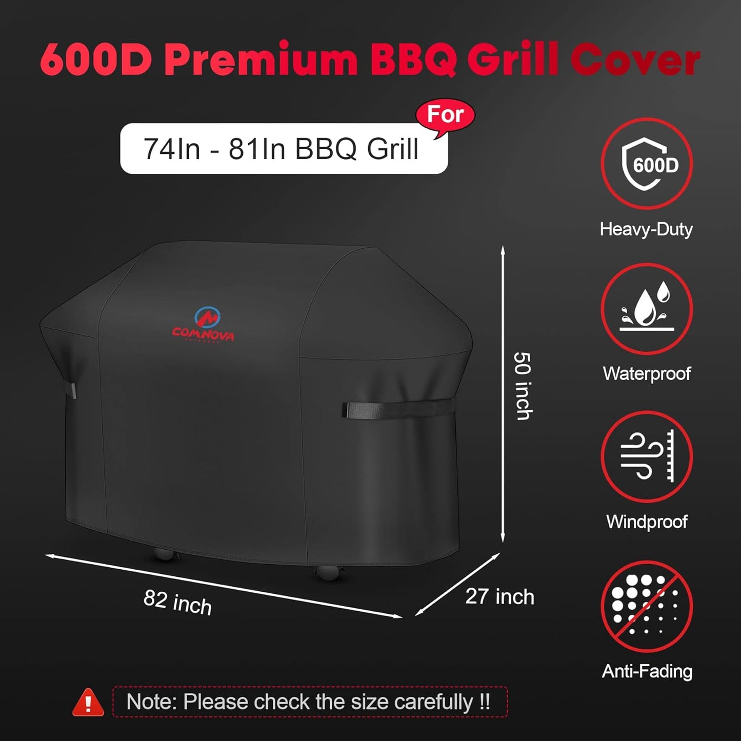 Comnova Grill Cover 82 Inch - 600D BBQ Cover for Outdoor Grill Heavy Duty and Waterproof, Large Barbecue Gas Grill Covers for Weber, Char-Broil, Nexgrill, Monument, Dyna-glo, Brinkmann and More