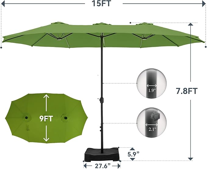 GREEN PARTY 15 ft Rectangle Patio Umbrella with Base Included, Double-Sided Table Umbrella with Crank, Large Outdoor Umbrellas for Patio Poolside Garden Backyard, Lime Green