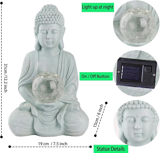Buddha Garden Statue with Solar Light, Solar Meditating Garden Buddha with Cracked Glass Ball Sculpture-Indoor/Outdoor Decor for Balcony,Garden,Patio,Porch Yard Art Ornament,Gift