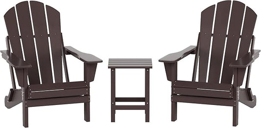 WO Home Furniture Adirondack Chairs Table Set of 3 PCS Outdoor Folding Chairs Side End Table Weather/UV Resistant for Lawn, Garden, Bon Fire, Balcony (Dark Brown)