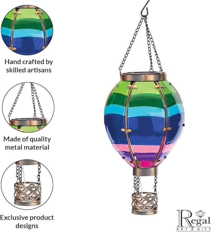 Regal Art & Gift Hot Air Balloon Solar Lantern – Hanging Solar-Powered LED Lights, Waterproof Portable Decorative Outdoor Lamp Made of Metal & Glass for Garden, Patios & Pathway – Stripe (Small)