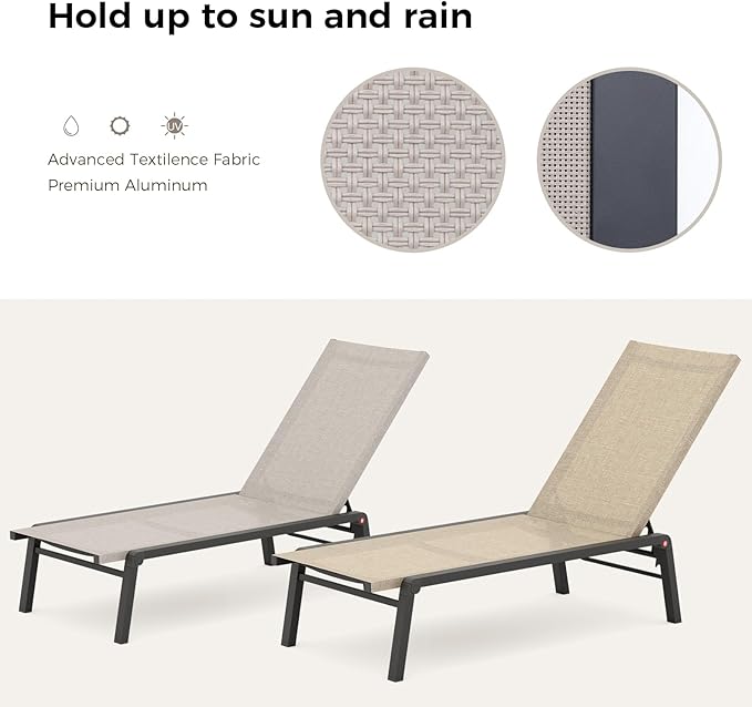 Patio Chaise Lounge Set of 2 with 4 Adjustable Backrest, Foldable Aluminum Chaise Lounge Chair Recliner for Outdoor, Poolside, Sun Tanning Beige