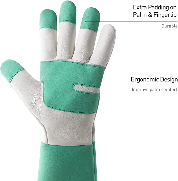 HANDLANDY Long Gardening Gloves for Men & Women, Thorn Proof Rose Pruning Gloves Leather Gauntlets Garden Glove Yard Work Glove (Medium, Green)