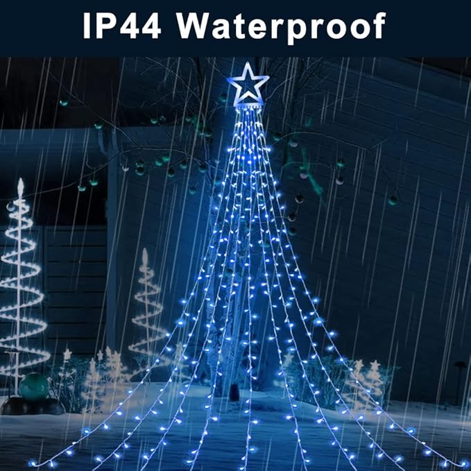 Christmas Decorations Star String Lights, 320 LED Waterfall Tree Lights with 13" Topper Star 8 Lighting Modes Indoor Outdoor Decorative for New Year, Holiday, Wedding, Party