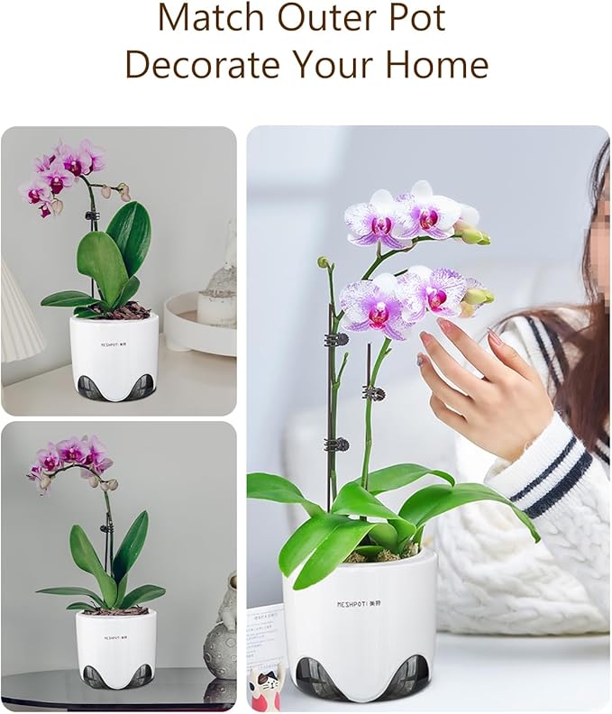 5 inch Orchid Pots with Holes for Repotting with Excellent Airflow, Set of 3, Double Layer Plastic Imitate Ceramic Orchid Planter, Clear Orchid Pot Match Decorative Orchid Container