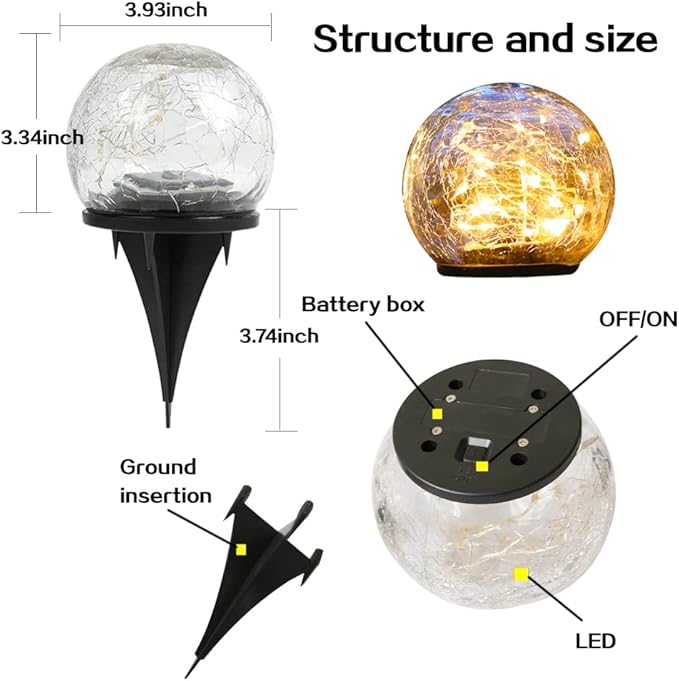 TOMEX Solar Garden Lights, Cracked Glass Ball Waterproof Warm White LED for Outdoor Decor Decorations Pathway Patio Yard Lawn, 1Pack (3.9")