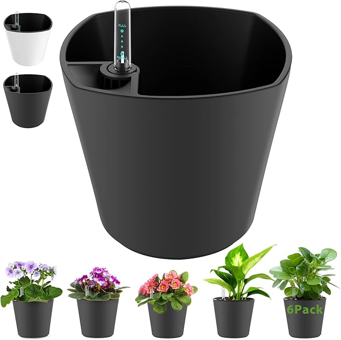 Self Watering Planters for Indoor Outdoor Plants 7 inch Flower Pot with Water Level Indicator Grey 6 Pack African Violet Self Watering Pots for All Orchid agave etc. House Plant Plastic Planter