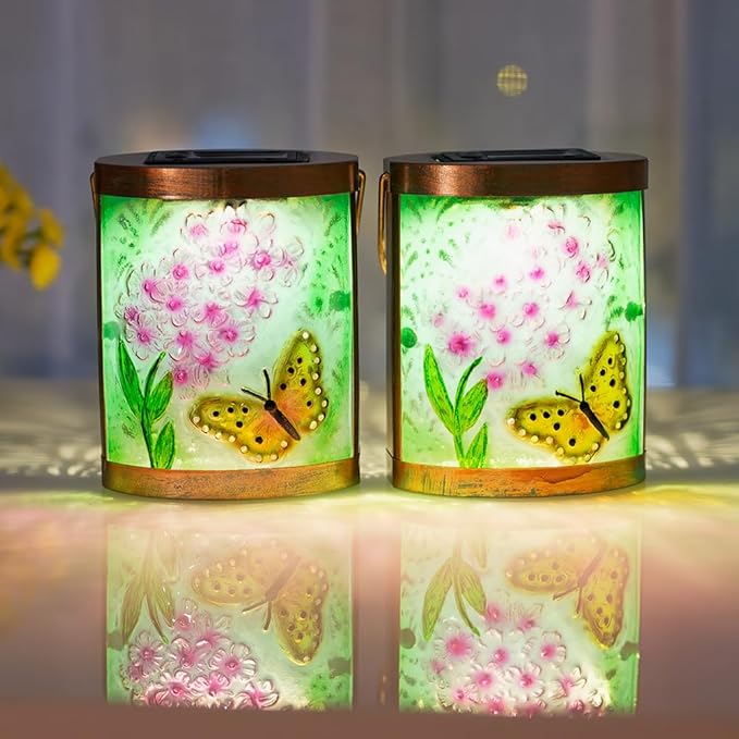 Starsoul 2 Pack Hanging Solar Lantern Outdoor Waterproof Glass Butterfly and Flowers Decorative Solar Lights for Outside Garden Yard Table Patio Decor