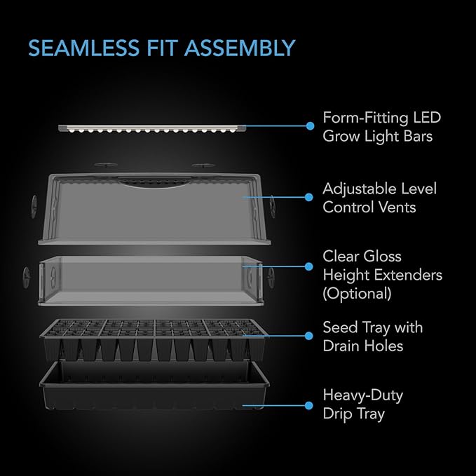AC Infinity Heavy Duty 3mm Thick Humidity Dome with Height Extension, Germination Kit with LED Grow Light Bars, Sturdy Drip Tray, 6x12 Cell Tray for Indoor Gardening, Seed Starting, Cloning Plants