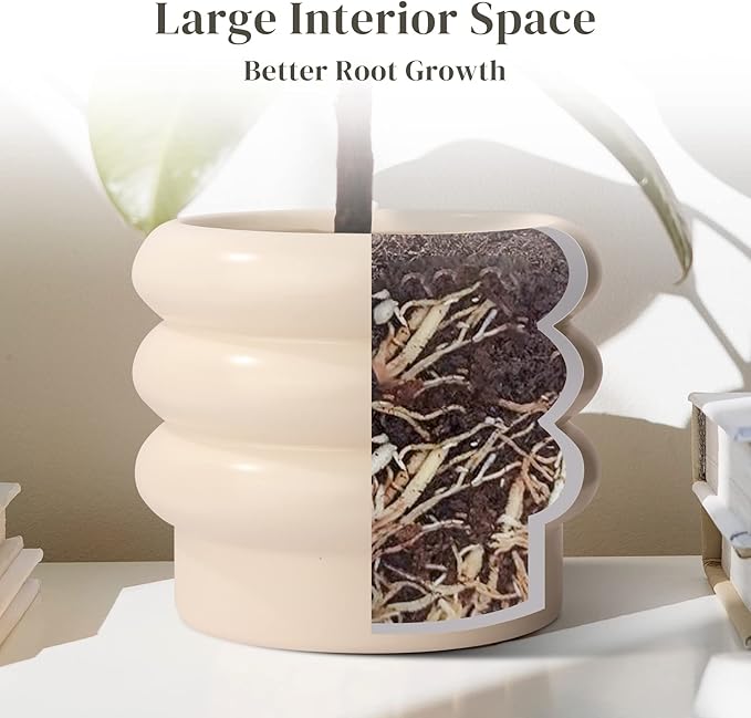 Tiered Bubble Ceramic Plant Pot, Creamy White 6 Inch Ceramic Planter with Drainage Holes, Ceramic Flower Pot with Mesh Pad, Rubber Plugs, Ceramic Pots for Indoor Plants Outdoor, Modern Décor