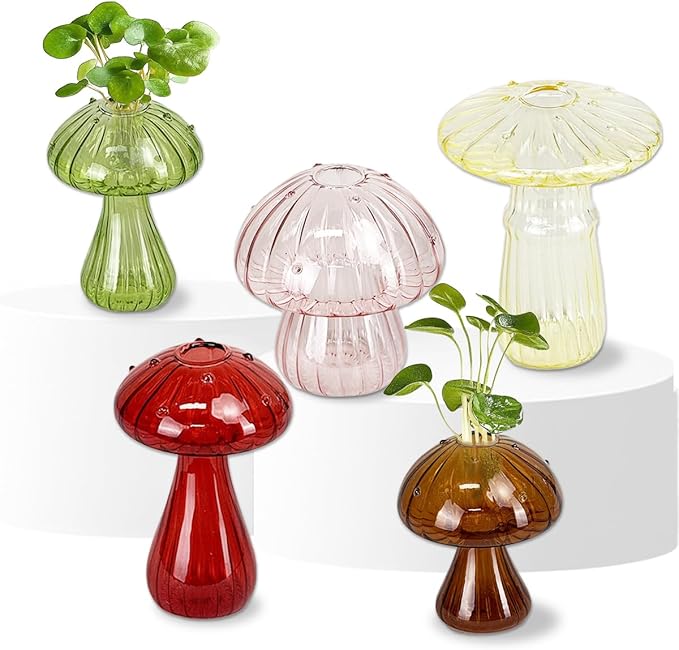 5 Pcs Mushroom Glass Planter for Plants, Stylish Unique Mushroom Vase for Home Decoration,Colorful Propagation Jars,Ideal Gardening Companion and Creative Floral Arrangement