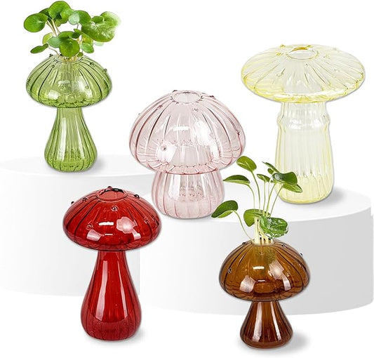 5 Pcs Mushroom Glass Planter for Plants, Stylish Unique Mushroom Vase for Home Decoration,Colorful Propagation Jars,Ideal Gardening Companion and Creative Floral Arrangement