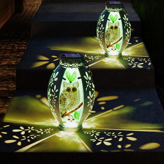 Starsoul Owl Outdoor Solar Lantern Waterproof Metal & Stained Glass Owl Lamp Lights for Yard Patio Garden Tabletop Pathway Decor Gifts for Woman