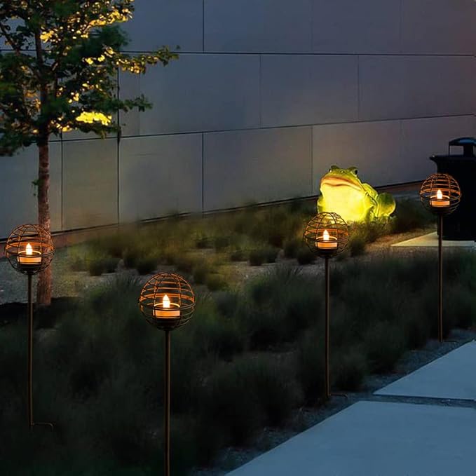 Solar Pathway Lights Outdoor, Rust Iron Ball Candle Holder Stake with Flickering Solar Powered Tea Lights, Perfect Decorative Garden Lighting for Yard Lawn Patio Landscape Decor Outside-4Pack