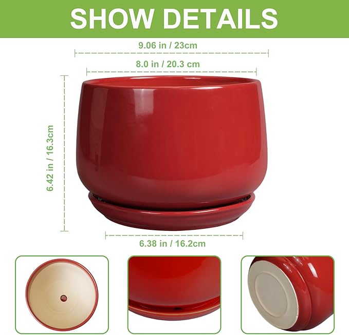 G EPGardening Ceramic Plant Pots - 9 Inch Flower pots for Indoor Outdoor Plant, Round Planter with Drainage and Saucer, Modern Home Decor, Gift for Women Men, Red