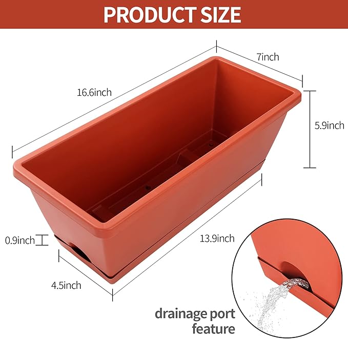 Window Box Planter, 12 Pack Plastic Vegetable Flower Planters Boxes 17 Inches Rectangular Flower Pots with Saucers for Indoor Outdoor Garden, Patio, Home Decor (Brick red)