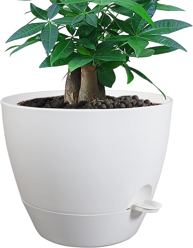 12inch Self Watering Pots, Plastic Planters with Mesh Drainage Holes and Deep Reservoir for Indoor Outdoor Garden Plants and Flowers, White