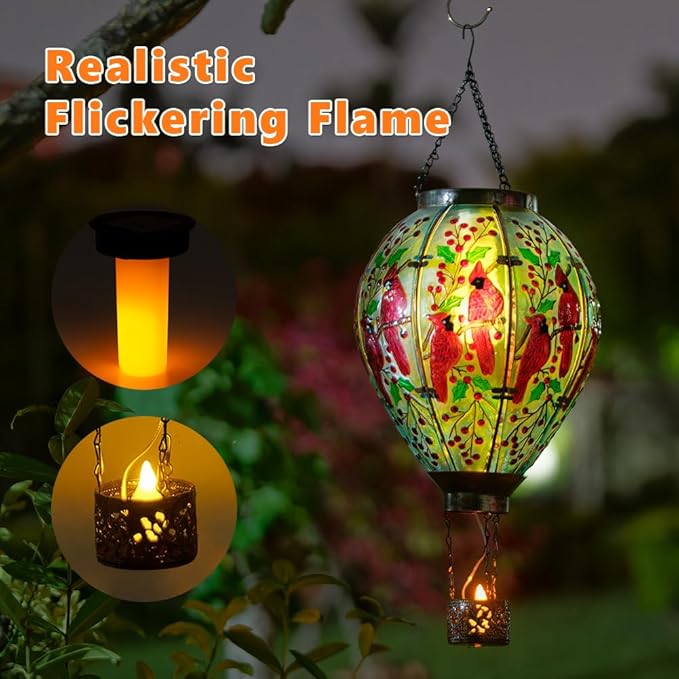 DREAMSOUL Cardinal Large Solar Hot Air Balloon Lantern with Flame, Glass Hanging Solar Lanterns Outdoor Waterproof for Garden Yard Patio Decor