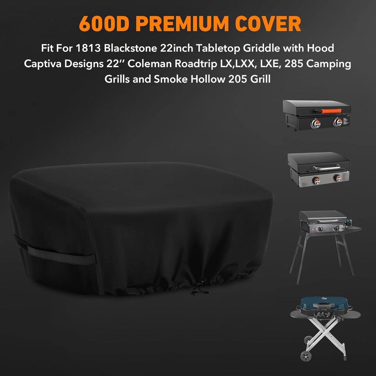 Heavy Duty Grill Cover Compatible with 1813 Blackstone 22inch Tabletop Griddle with Hood Captiva Designs 22‘’ Coleman Roadtrip LX,LXX, LXE, 285 Camping Grills and Smoke Hollow 205 Grill,600D Cover