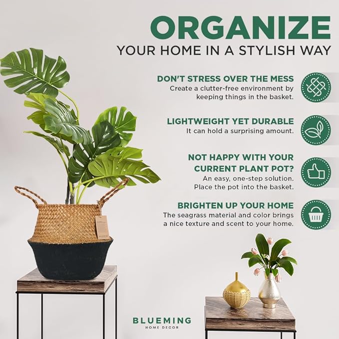 Plant Basket – Small Seagrass Planter Pot for Olive Trees, Woven Wicker Planter 8-9 Inches for Indoor Tall Artificial Plants (Black Bottom, Medium)