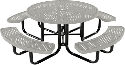 Heavy-Duty Portable Outdoor Kids Table with Umbrella Hole, Punched Steel Kids Picnic Table, Commercial-Grade, Made in America (46 in, Round, Childrens, Textured Grey)