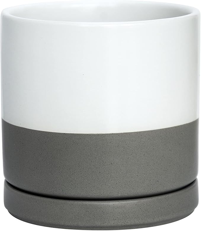 D'vine Dev 6 Inch Ceramic Planter Pot with Drainage Hole and Saucer, Indoor Cylinder Round Flower Pot, White/Speckled Grey, 94-O-C-6