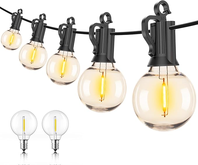 Outdoor String Lights – 50ft Connectable Patio Lights with 52 G40 LED Plastic Bulbs (2 Spare) Outside Vintage Hanging Lights for Backyard Bistro Balcony Porch Party Wedding, E12, 2200K, Black