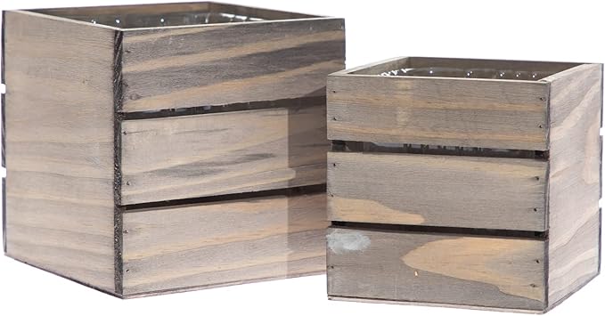 Wood Planter Box with Wine Crate Styled, 5 Inch Square, Rustic Barn Wood, Plastic Liner, Wedding Flowers Holder, Home and Venue Decor, (5x5 Wine Crate Set of 4)