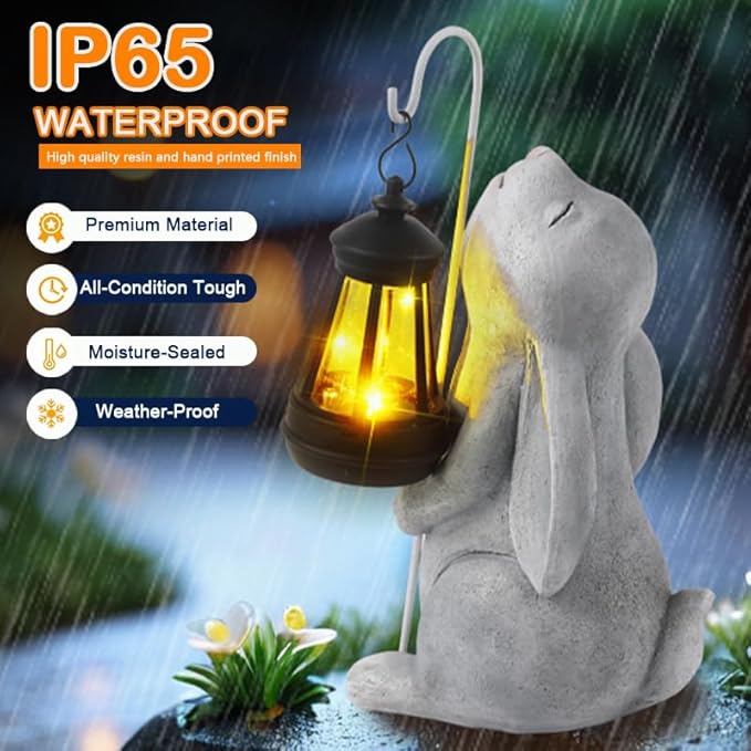 Solar Garden Outdoor Statues,Resin Rabbit Figurine Decorations with Solar Lantern, Outdoor Rabbit Art Decor for Lawn,Yard, Unique Housewarming Gift for Garden Home