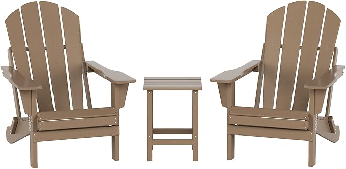 WO Home Furniture Adirondack Chairs Table Set of 3 PCS Outdoor Folding Chairs Side End Table Weather/UV Resistant for Lawn, Garden, Bon Fire, Balcony (Weathered Wood)