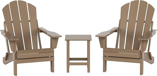 WO Home Furniture Adirondack Chairs Table Set of 3 PCS Outdoor Folding Chairs Side End Table Weather/UV Resistant for Lawn, Garden, Bon Fire, Balcony (Weathered Wood)