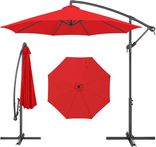 FLAME&SHADE 10ft Cantilever Patio Umbrella Outdoor, Large Offset Umbrella with Crank and Cross Base, UPF 50+ UV Protection Hanging Umbrella for Pool Deck Garden, Red