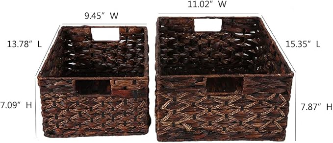Rectangular Woven Water Hyacinth Basket,Dark Storage Basket With Inside Handle Shelves Kitchen Office Desk (Set of 2)