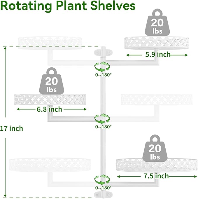 OVICAR Rotating Window Plant Shelves - Indoor Wall Plant Stand 3-Tier Floral Metal Window Shelf Holder for Multiple Plants with Hanging Hooks Home Decor White