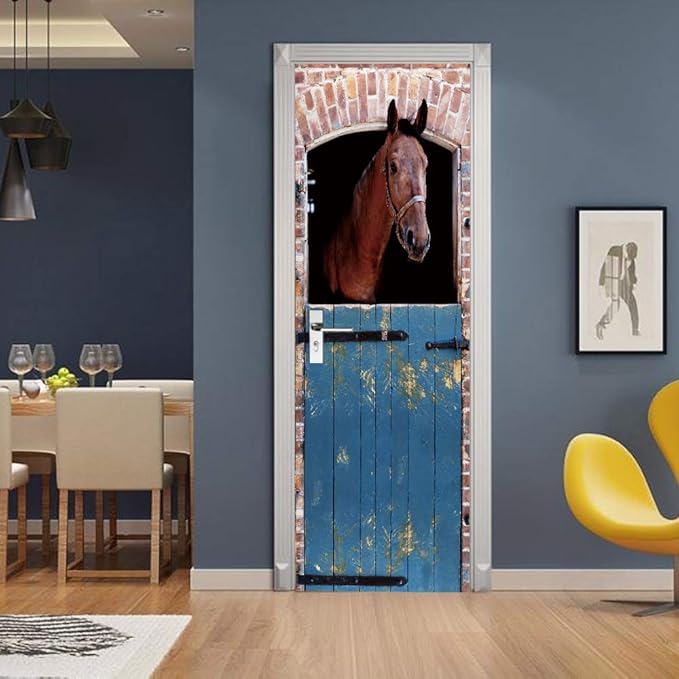 Horse 3D Door Stickers Murals - Peel & Stick - Waterproof & Washable - Matt Finish - Rustic Brown - Animal Pattern - Rectangular - All Seasons - Adults - Door & Wall - 37.4" x 78.7" - 2 Pieces