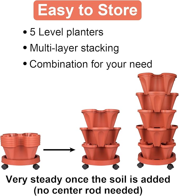 DUNCHATY Stackable Planters 5 Tier Vertical Garden Planting Tower Planters Strawberry, Herb, Flower, and Vegetable Planter Indoor Outdoor Gardening Pots with Removable Wheels and Tools