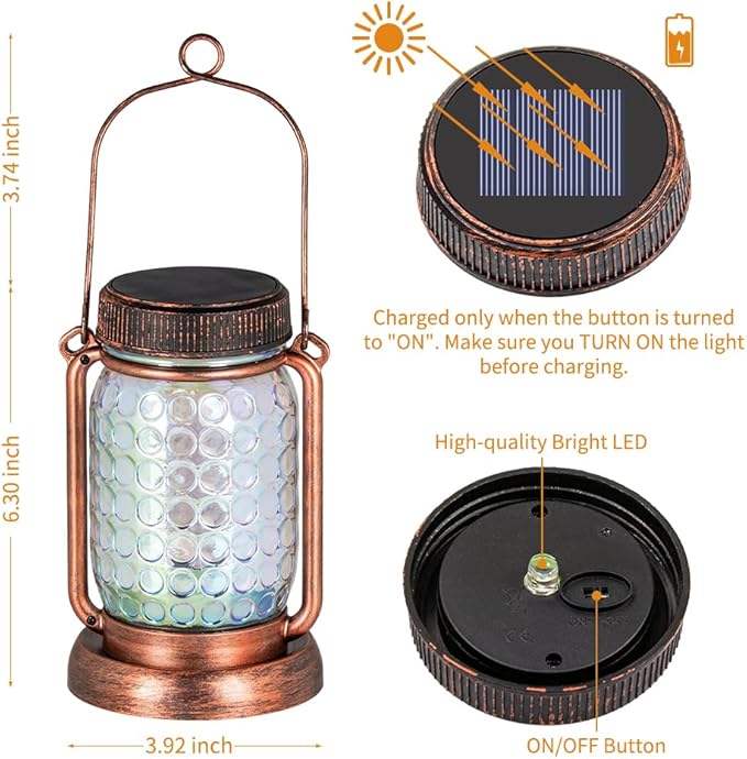 Outdoor Garden Decor, 2 Pack Solar Lantern Waterproof Warmwhite Mason Jar Hanging Lights, Porch Decorative for Garden Yard Patio Backyard Deck Courtyard Lawn