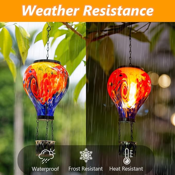 Starsoul Solar Hot Air Balloon Lantern with Flame Tie-Dye Style Hot Air Balloon Lamp Glass Outdoor Solar Hanging Lantern Waterproof for Garden Yard Patio