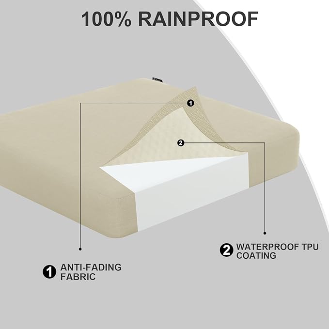 Favoyard Outdoor Chair Cushion 24 x 24 x 4 Inch Rainproof & 3-Year Fade Resistant Patio Furniture Cushions with Removable Cover and Adjustable Ties for Garden Sofa Couch Pads Set of 2, Beige