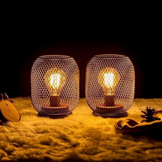 DECORKEY Set of 2 Battery Operated Lamp LED Table Lantern, Brown Metal Cage Cordless Lamps with LED Bulb，Vintage Decorative Outdoor Lantern for Weddings, Parties, Patio, Events for Indoors Shelf Decor