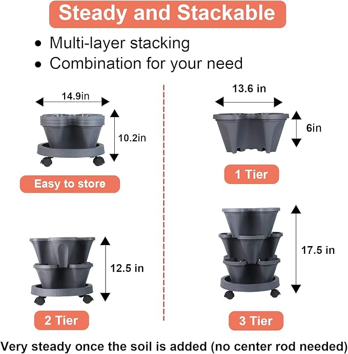 Vertical Planter 3 Tier Stackable Planters Garden Planters Strawberry Herb Flower and Vegetable Planter Indoor Outdoor Gardening Pots with Removable Wheels and Tools